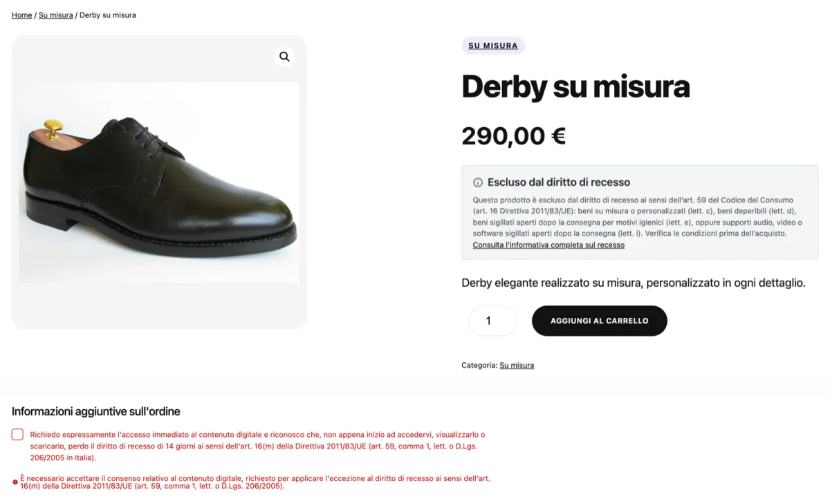 Pagina prodotto con l’avviso di esclusione dal diritto di recesso e il blocco Checkout di WooCommerce con il consenso obbligatorio evidenziato