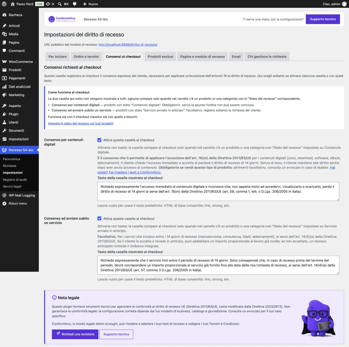 Impostazioni del plugin con i consensi da mostrare al checkout e il riquadro che spiega come funzionano