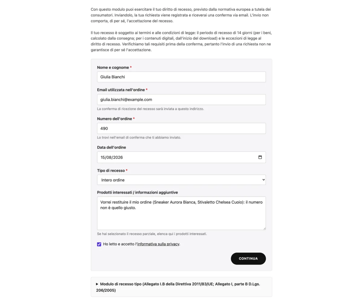 Modulo di recesso pubblico con tutti i campi richiesti